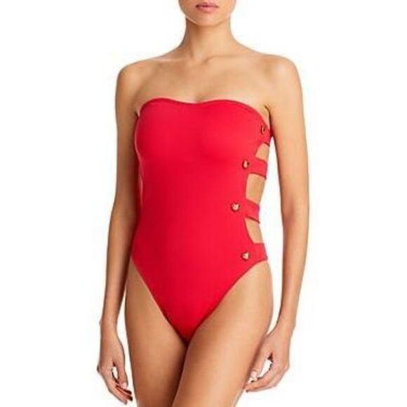 Alexandra Miro Bella Swimsuit Cut-Out Side Gold Heart Buttons Textured Red M NWT - Picture 1 of 10